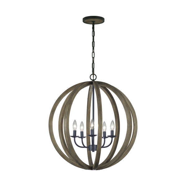 Visual Comfort Studio - F2936/5WOW/AF - Five Light Pendant - Allier - Weathered Oak Wood / Antique Forged Iron from Lighting & Bulbs Unlimited in Charlotte, NC