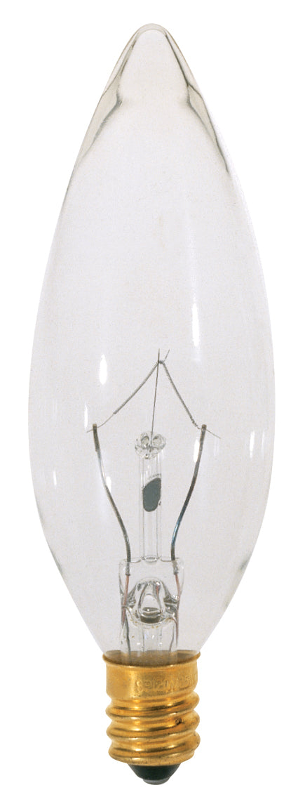 15 Watt BA9 1/2 Incandescent, Clear, 1500 Average rated hours, 105 Lumens, Candelabra base, 120 Volt Light Bulb by Satco