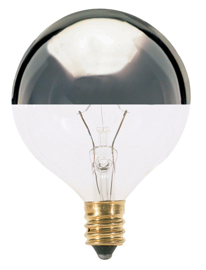 25 Watt G16 1/2 Incandescent, Silver Crown, 1500 Average rated hours, 232 Lumens, Candelabra base, 120 Volt Light Bulb by Satco