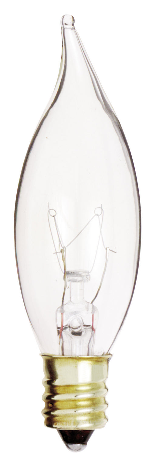 10 Watt CA7 Incandescent, Clear, 1500 Average rated hours, 80 Lumens, Candelabra base, 120 Volt Light Bulb by Satco