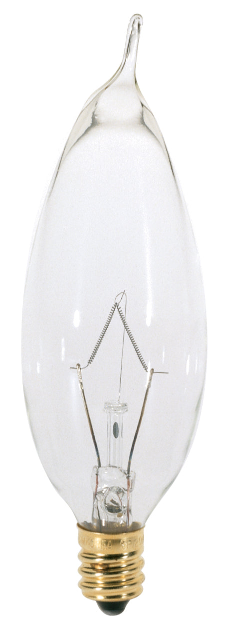 25 Watt CA8 Incandescent, Clear, 1500 Average rated hours, 210 Lumens, Candelabra base, 120 Volt Light Bulb by Satco