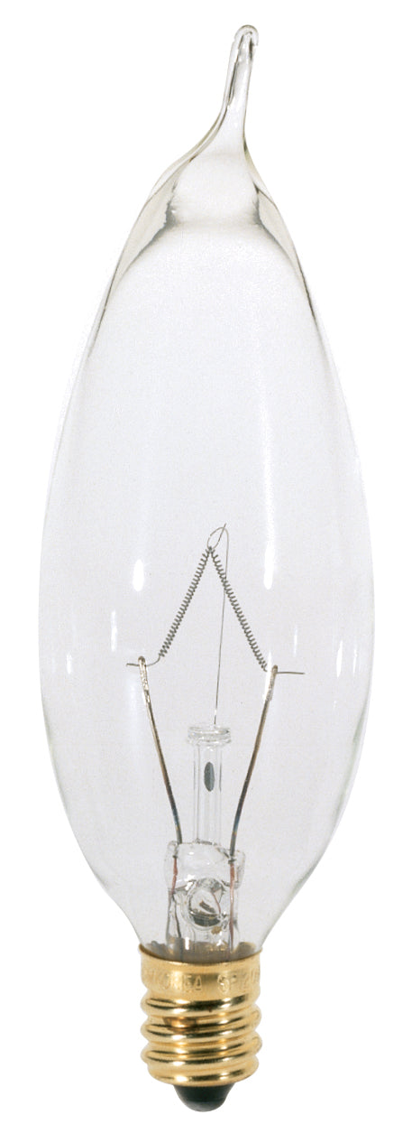 25 Watt CA8 Incandescent, Clear, 1500 Average rated hours, 210 Lumens, Candelabra base, 120 Volt, 2-Card Light Bulb by Satco