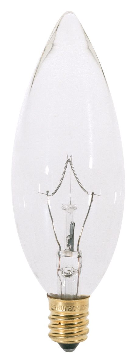 25 Watt BA9 1/2 Incandescent, Clear, 1500 Average rated hours, 212 Lumens, Candelabra base, 120 Volt, 2-Card Light Bulb by Satco