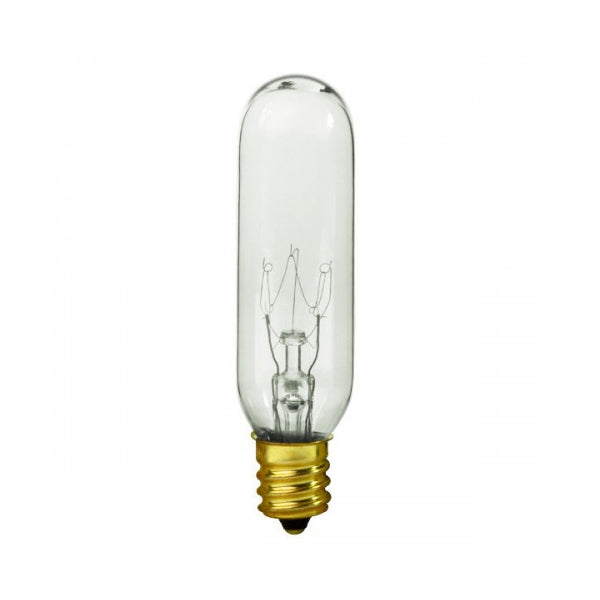 15 Watt T6 Incandescent, Clear, 2000 Average rated hours, 90 Lumens, Candelabra base, 145 Volt, Carded Light Bulb by Satco