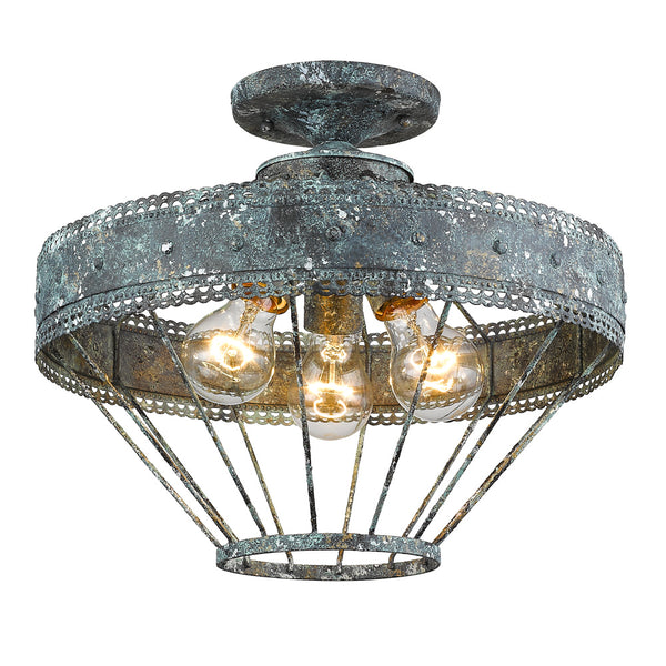 Three Light Semi-Flush Mount from the Ferris Collection in Blue Verde Patina Finish by Golden