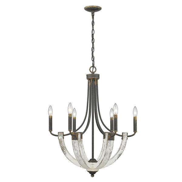 Six Light Chandelier from the Elwood Collection in Antique Black Iron Finish by Golden