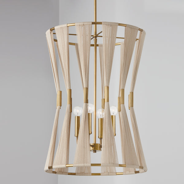 Four Light Foyer Pendant from the Bianca Collection in Bleached Natural Rope and Patinaed Brass Finish by Capital Lighting