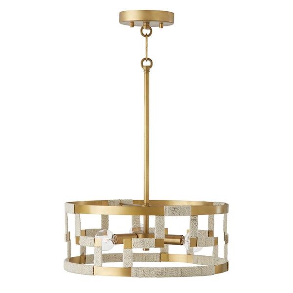 Three Light Semi-Flush Mount from the Hala Collection in Bleached Natural Jute and Patinaed Brass Finish by Capital Lighting