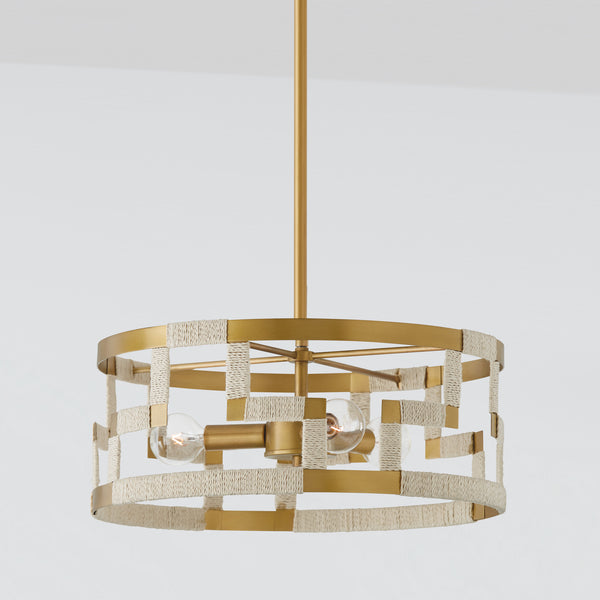 Three Light Semi-Flush Mount from the Hala Collection in Bleached Natural Jute and Patinaed Brass Finish by Capital Lighting