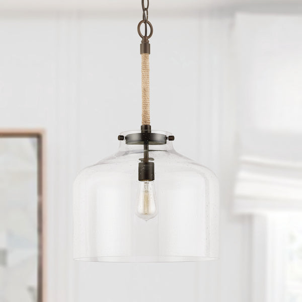 One Light Pendant from the Corde Collection in Bronze Finish by Austin Allen