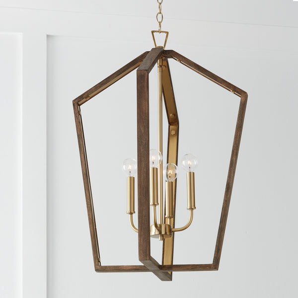 Four Light Pendant from the Maren Collection in Nordic Wood and Matte Brass Finish by Capital Lighting
