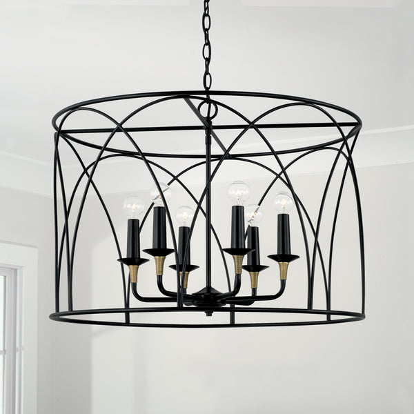 Six Light Pendant from the Amara Collection in Matte Black with Brass Finish by Capital Lighting