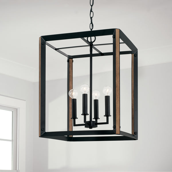 Four Light Foyer Pendant from the Rowe Collection in Matte Black and Brown Wood Finish by Capital Lighting