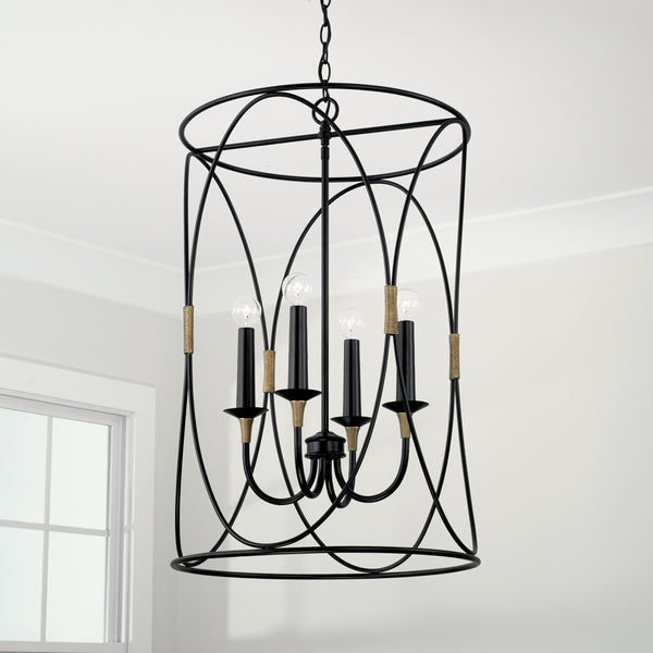 Four Light Foyer Pendant from the Amara Collection in Matte Black with Brass Finish by Capital Lighting